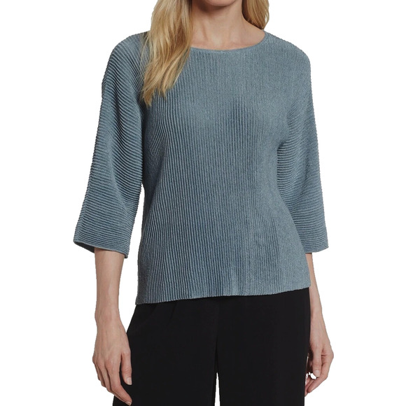 A5 Auth EILEEN FISHER Hemp Blue Metallic Ribbed Knit Crewneck Petite Top Size PM - Picture 1 of 7